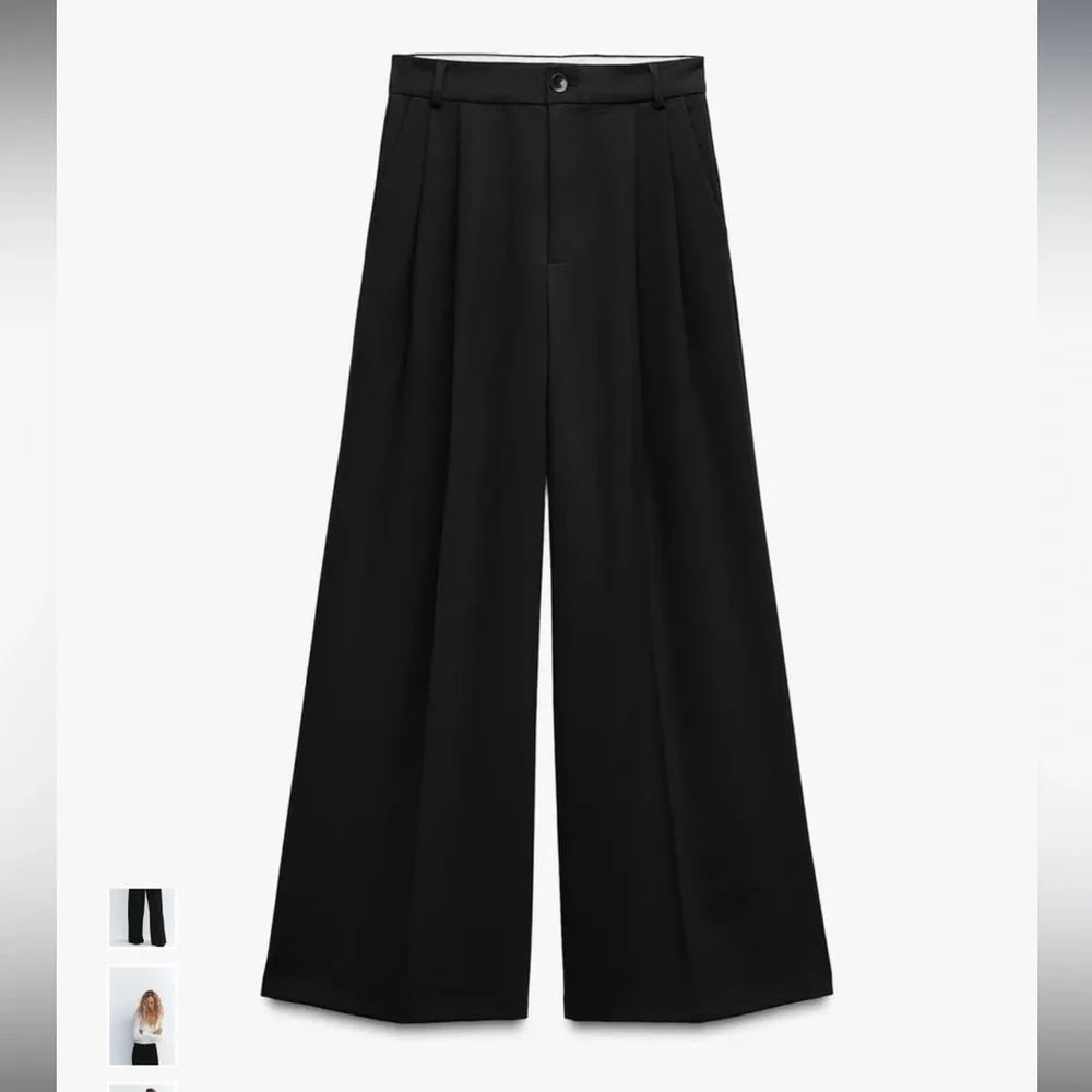 Zara black pleated front wide straight leg trouser pants size large - Picture 4 of 6